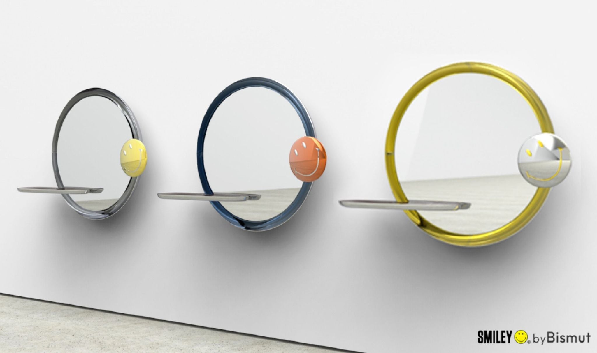 Three mirrors from the Bismut & Bismut x Smiley partnership, each with a worn wooden shelf and small Smiley floating over a tinted polished plate. The barber’s polished bubble mirror has a small gold Smiley face attached.