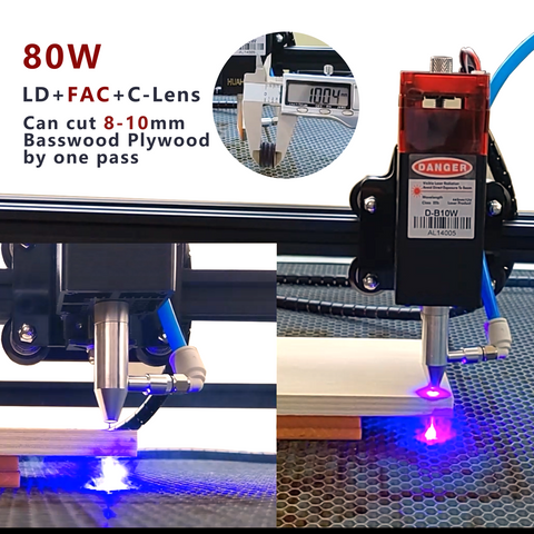 This 80W laser module can cut 8-10 Brass Plywood by one pass.