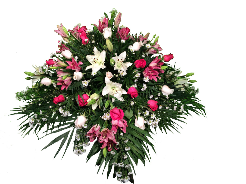 Cubre-ataud Lilis Fisha - Rosas color Blanco y Fiusha. – Florería Martha
