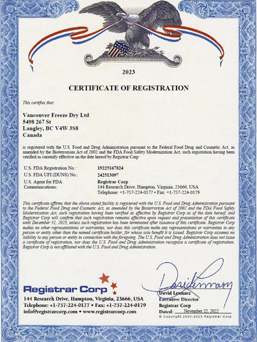 VFD Freeze Dried Fruit Manufacturer Cert