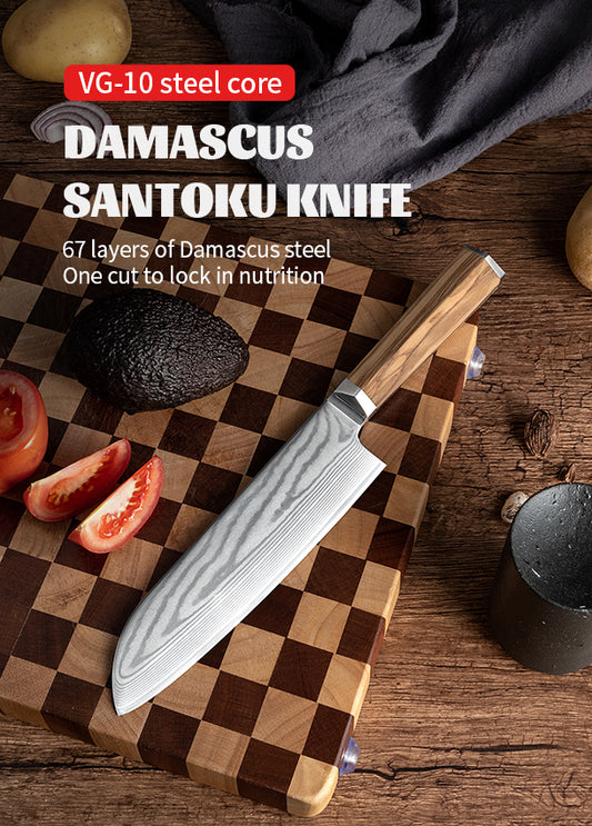 FUJUNI Santoku Knife 7-Inch VG-10 Cutting Core 67-Layer Damascus Professional Kitchen Knife Chef’s Knife with Natural Wood Hexagon Handle and Gift