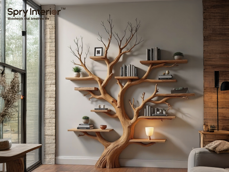 Wood Tree Bookshelf Wal Mounted Shelf Living Room