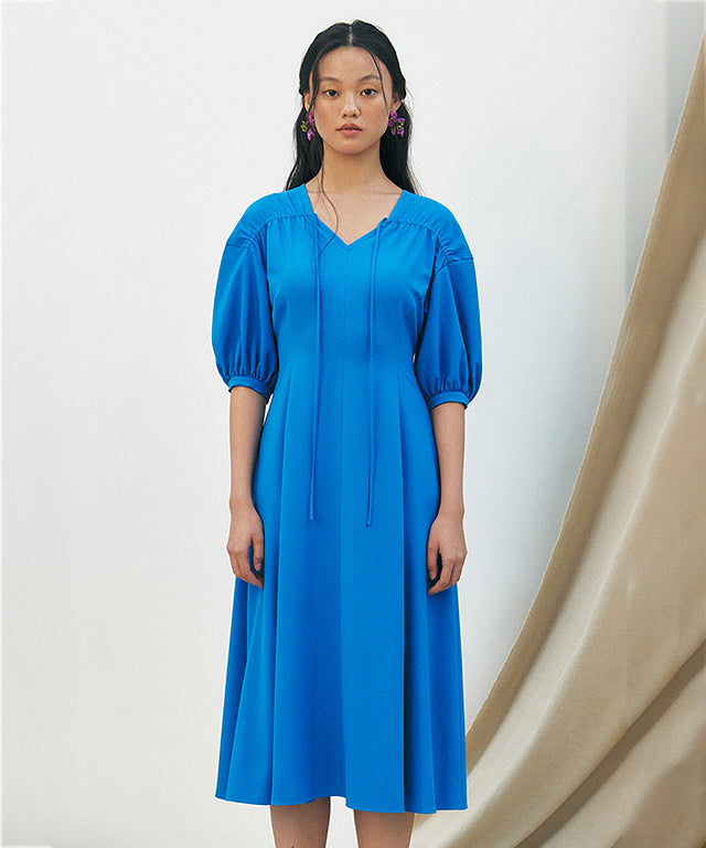 KUME STUDIO Balloon Sleeve Satin Shirring Dress - Blue