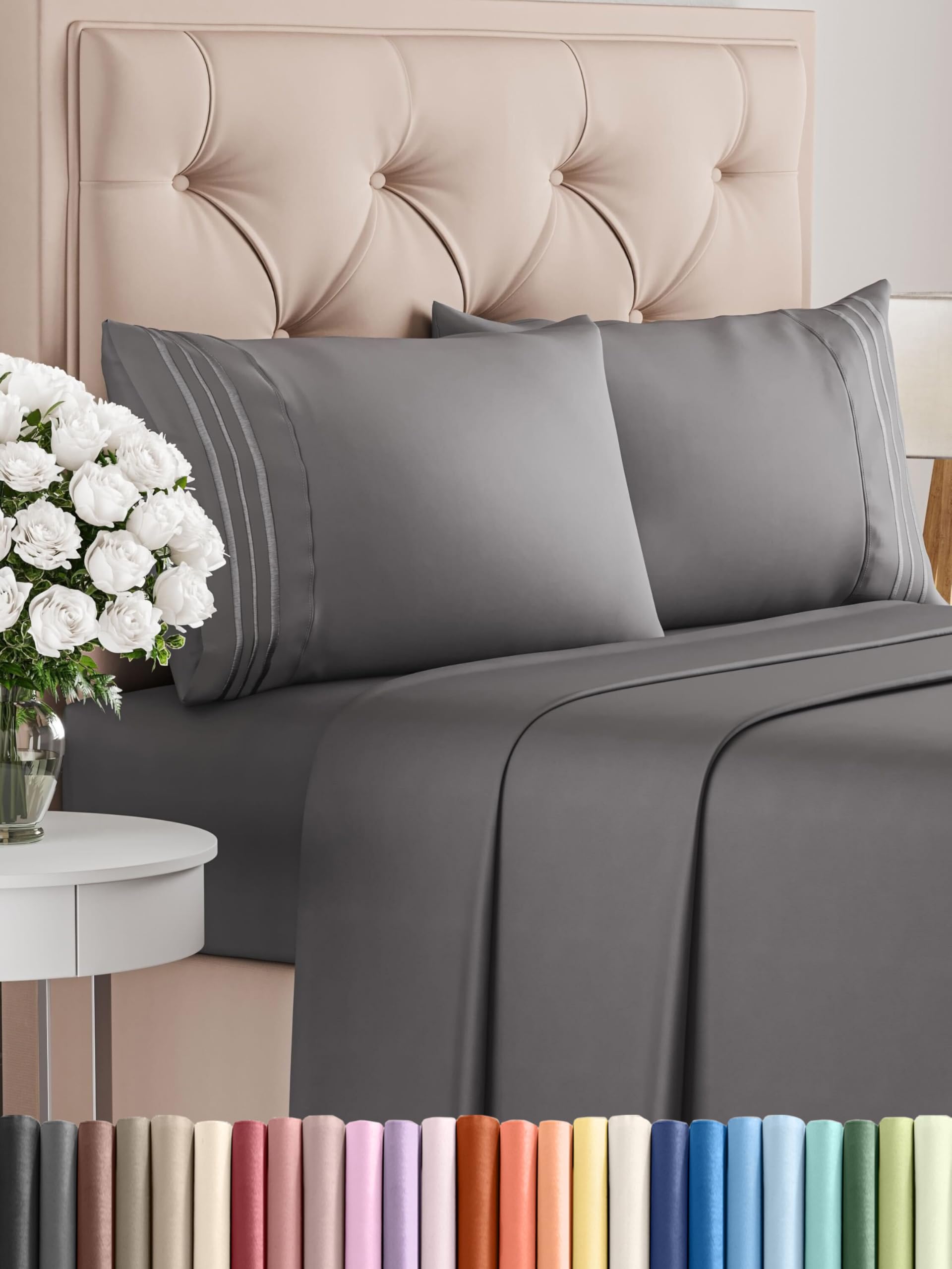 King Size 4 Piece Sheet Set - Comfy Breathable & Cooling Sheets - Hotel Luxury Bed Sheets for Women, Men, Kids & Teens - Deep Pockets, Easy-Fit, Wrinkle Free Sheets - Dark Grey Oeko-Tex Bed Sheet Set