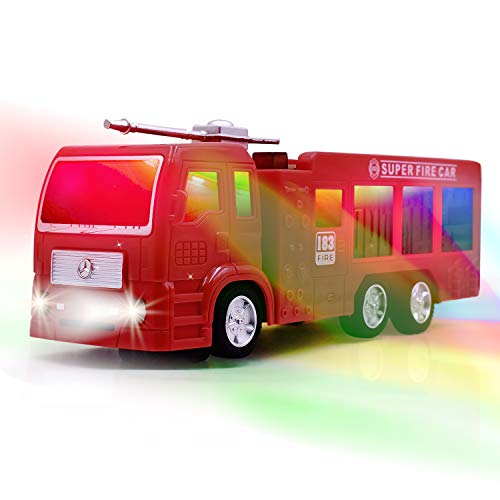 WolVol Electric Fire Truck Toy with Stunning 3D Lights and Sirens, goes Around and Changes Directions on Contact - Great Gift Toys for Kids