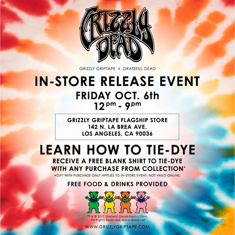 In-store release event. Grizzly Griptape x Grateful Dead teamed up for this exclusive collection including Hard-goods, soft-goods & accessories. 