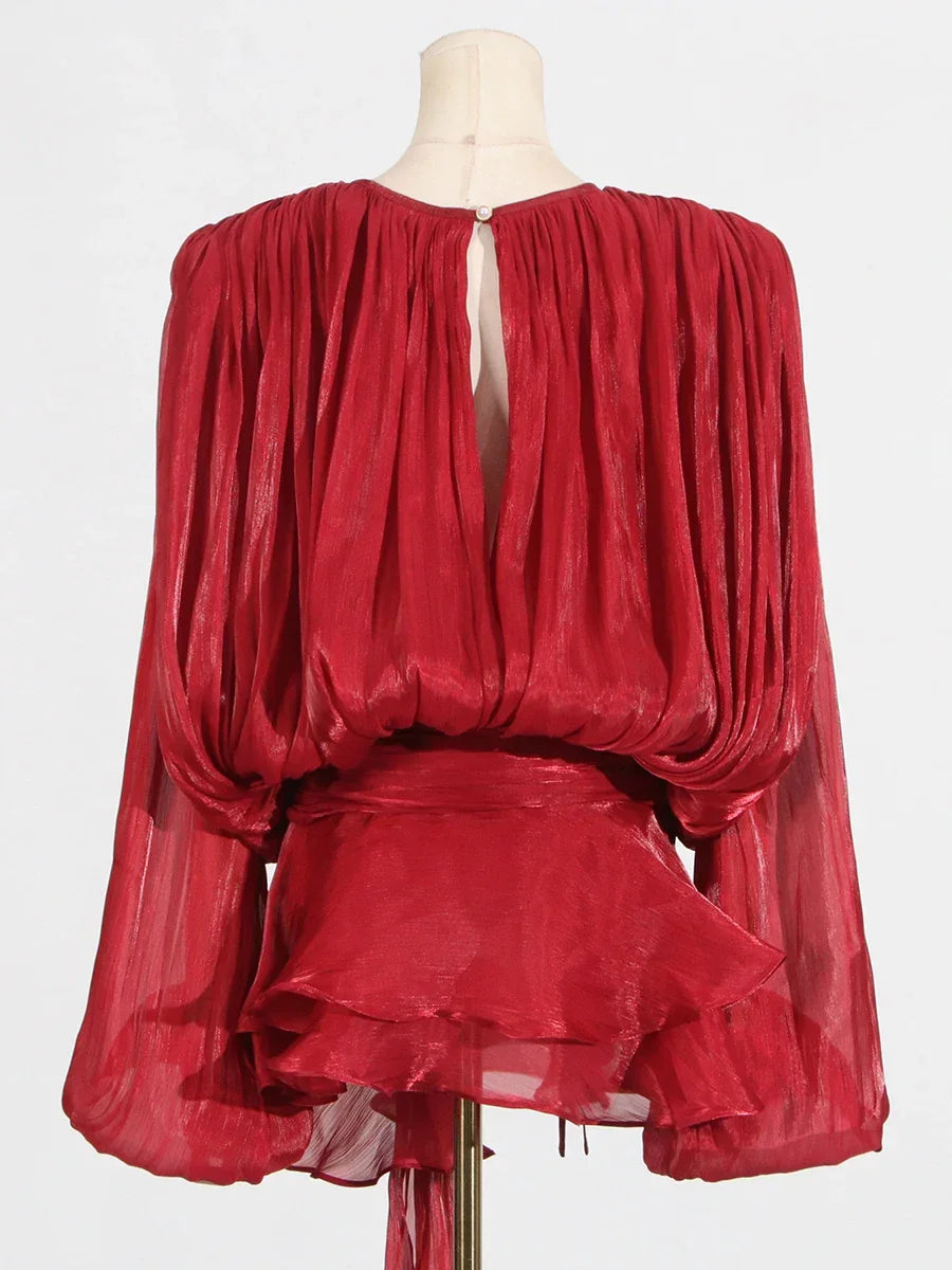 GALCAUR Solid Loose Splicd Lace Up Dresses For Women V Neck Long Sleeves Patchwork Ruffles Tunic Dreses Female Fashio New - F.A. Mirage