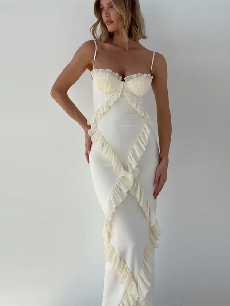 Women's Summer Dress Personalized Street Beige Head Strap Splicing Lace Dress Flounced Edge Elegant Evening Dress - F.A. Mirage