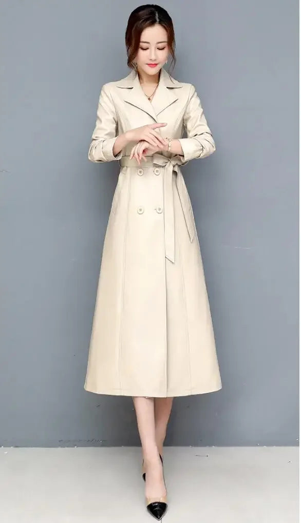 M–6XL Women’s Sheepskin Leather Long Coat – Double-Breasted Spring/Autumn Overcoat - F.A. Mirage