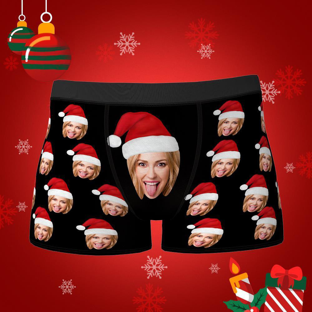 Custom Face Boxers Shorts With Christmas hat Personalized Photo Underwear Christmas Gift For Men - Couplegiftcustom