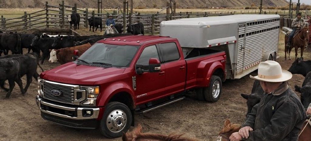Camion agricole Ford F250 Super Duty tirant une remorque de bétail sur une ferme bovine de l'Oklahoma