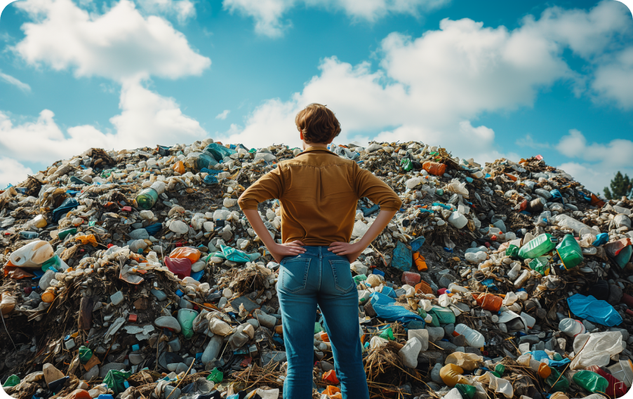 A figure standing with their hands on their hips looking at a giant mound of rubbish