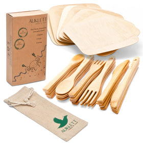 Picture of 8 Set Reusable Bamboo Cutlery with Bamboo Plates and Travel Pouch