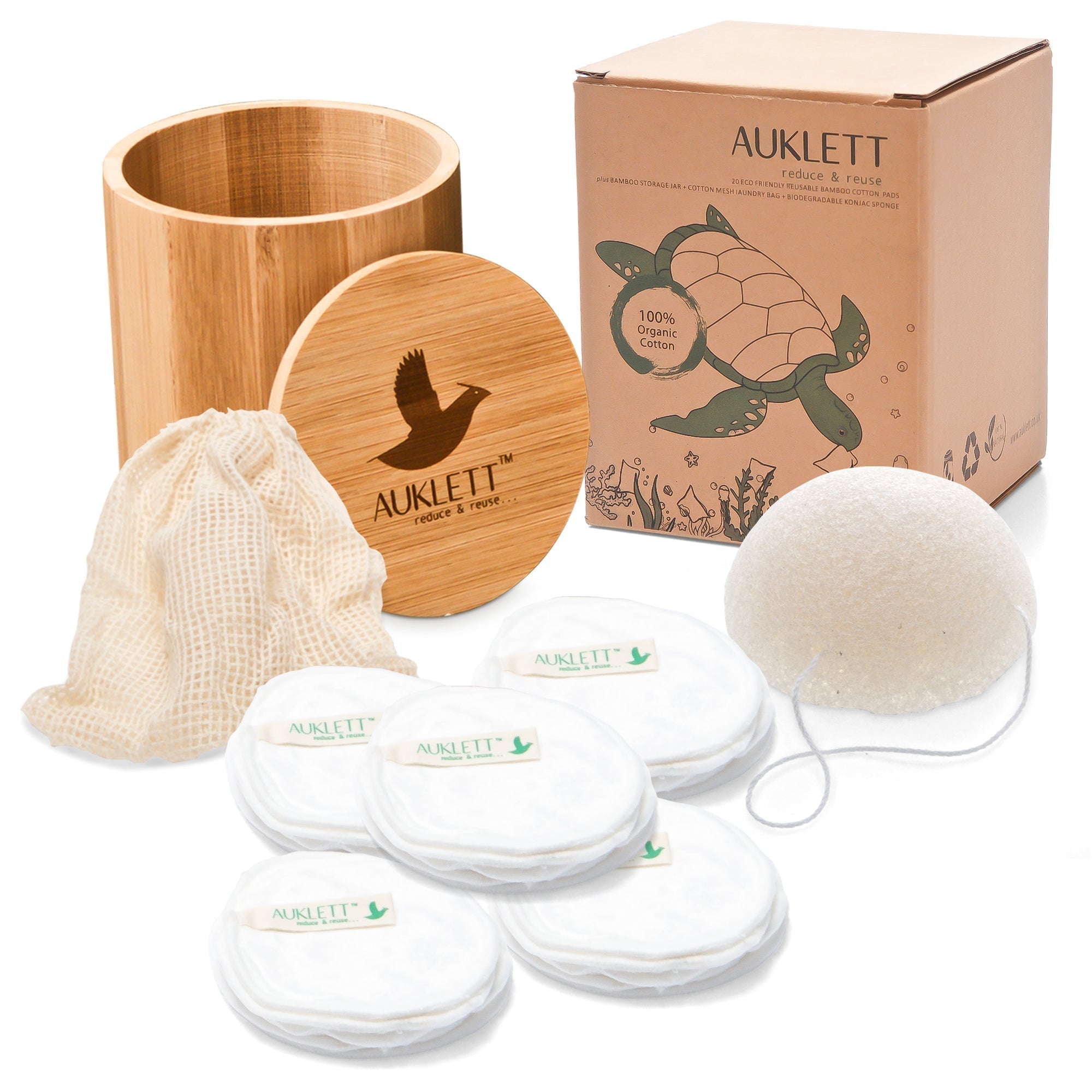 Product picture of Reusable Bamboo Cotton Pads with Konjac Sponge and Bamboo Storage Pot – Pack of 20 (White)
