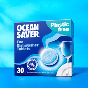 A blue cardboard box of OceanSaver Eco Dishwasher tablets