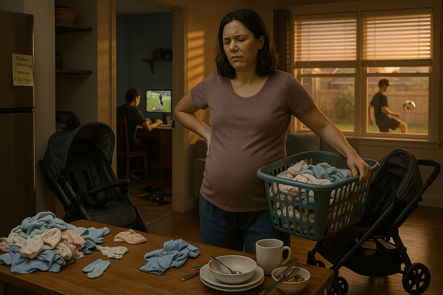A tired, pregnant mother stands alone in a cluttered living room during early evening. She is wearing comfortable but worn-out home clothes, holding her lower back with one hand and a laundry basket with the other.