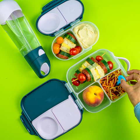 a snackbox and a bento box are shown against a green background