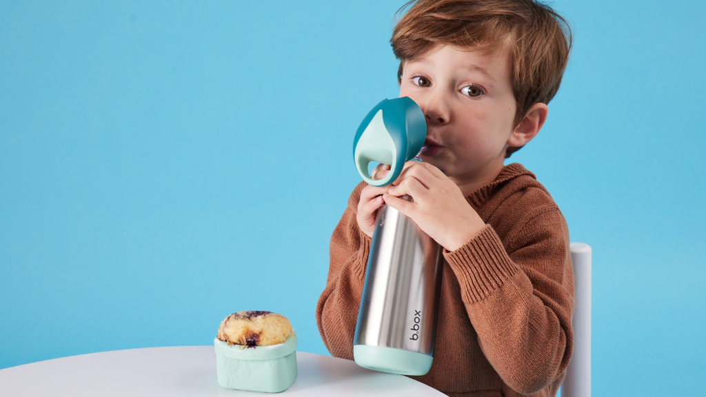 child using b.box 350ml insulated drink bottle for drinking