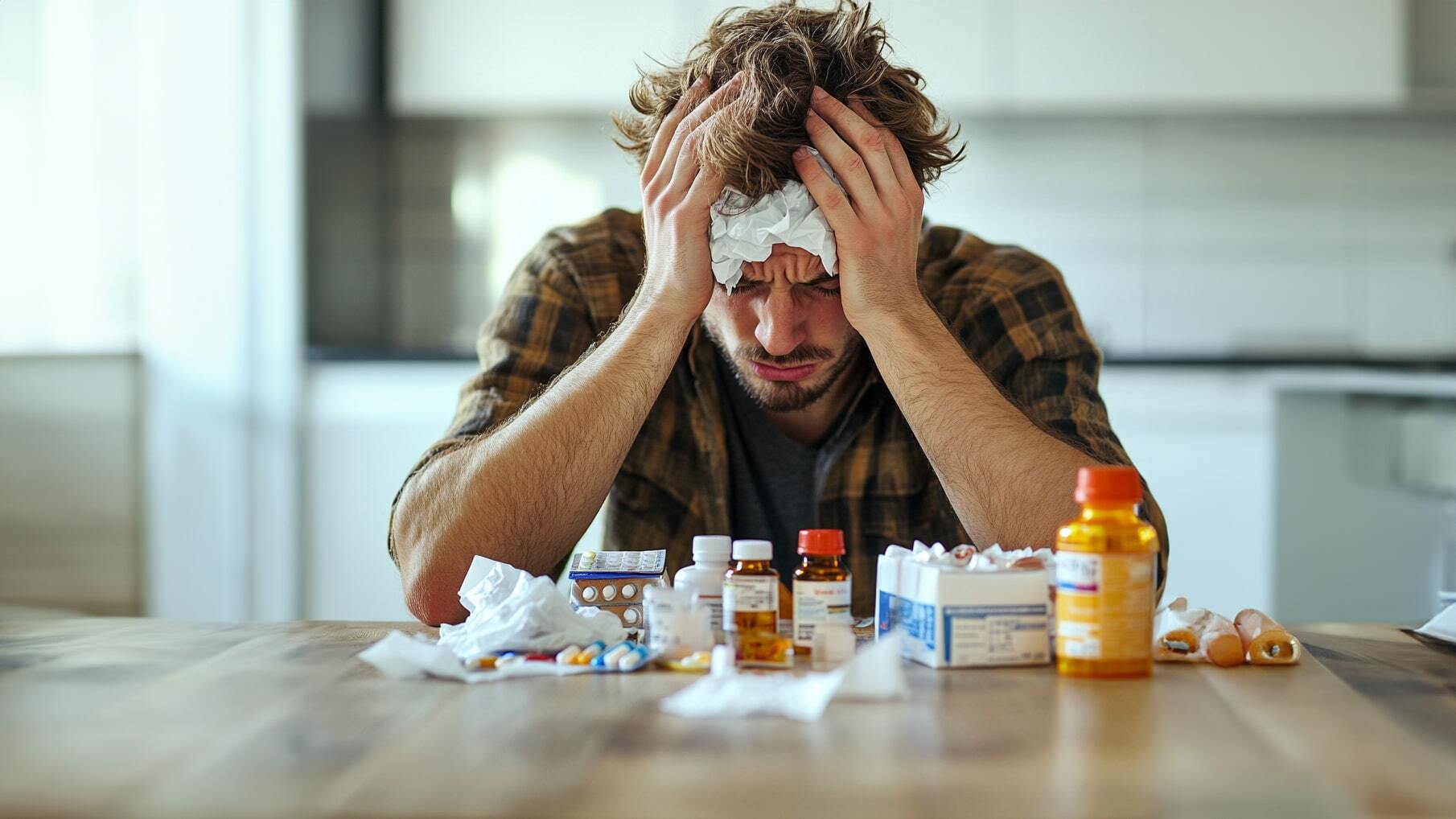 Man with headache surrounded by various medications and pills at a table.