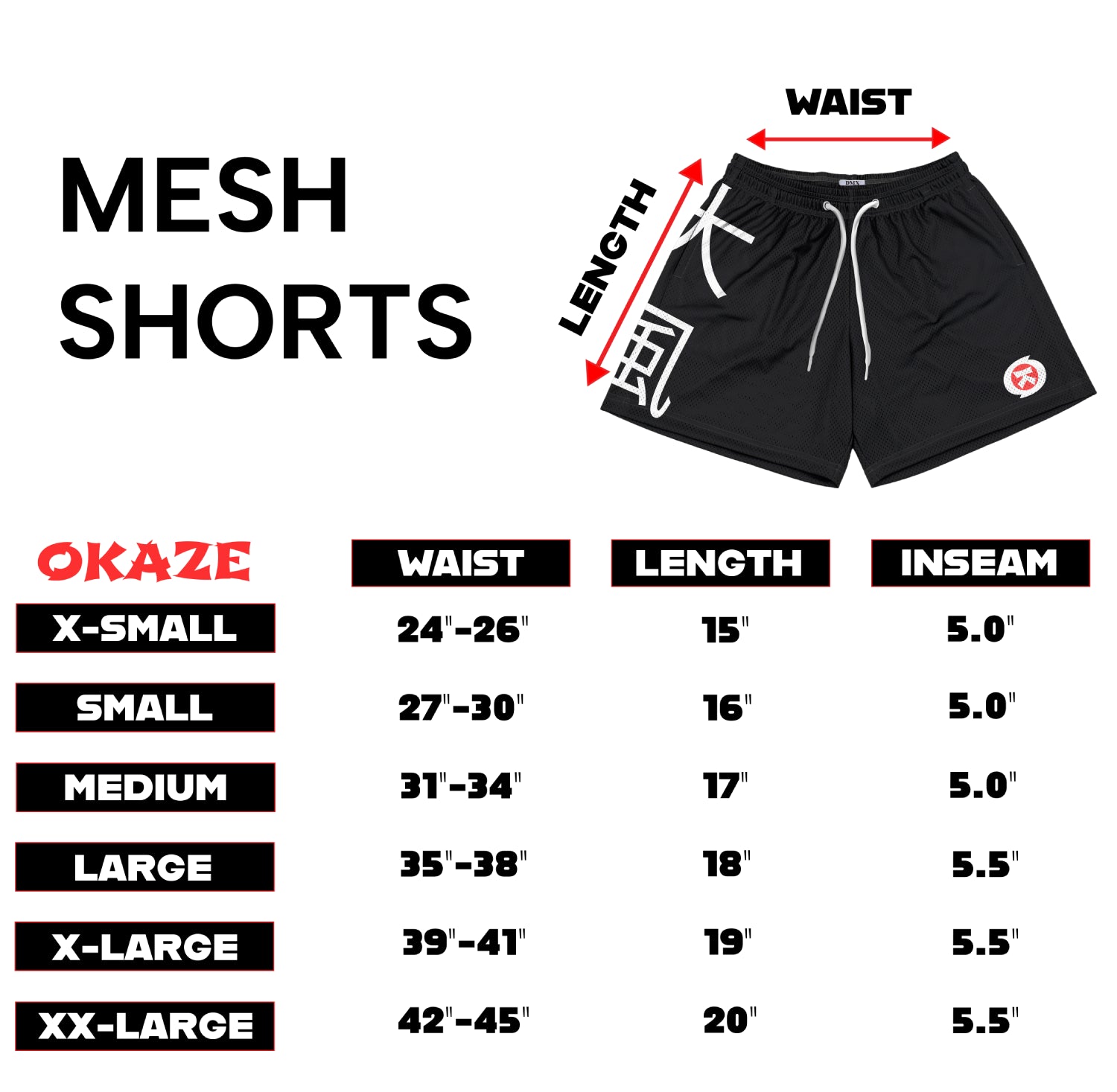 okaze mesh shorts size chart