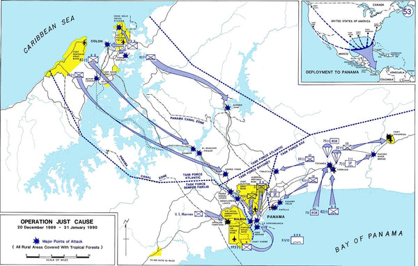 Tactical map of Operation Just Cause showing major points of attack