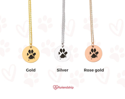 Furiendship Paw Print Necklace comes in gold, silver, and rose gold colors