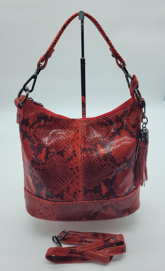 Red Python Snakeskin Leather Shoulder Top Handle Bag for Women