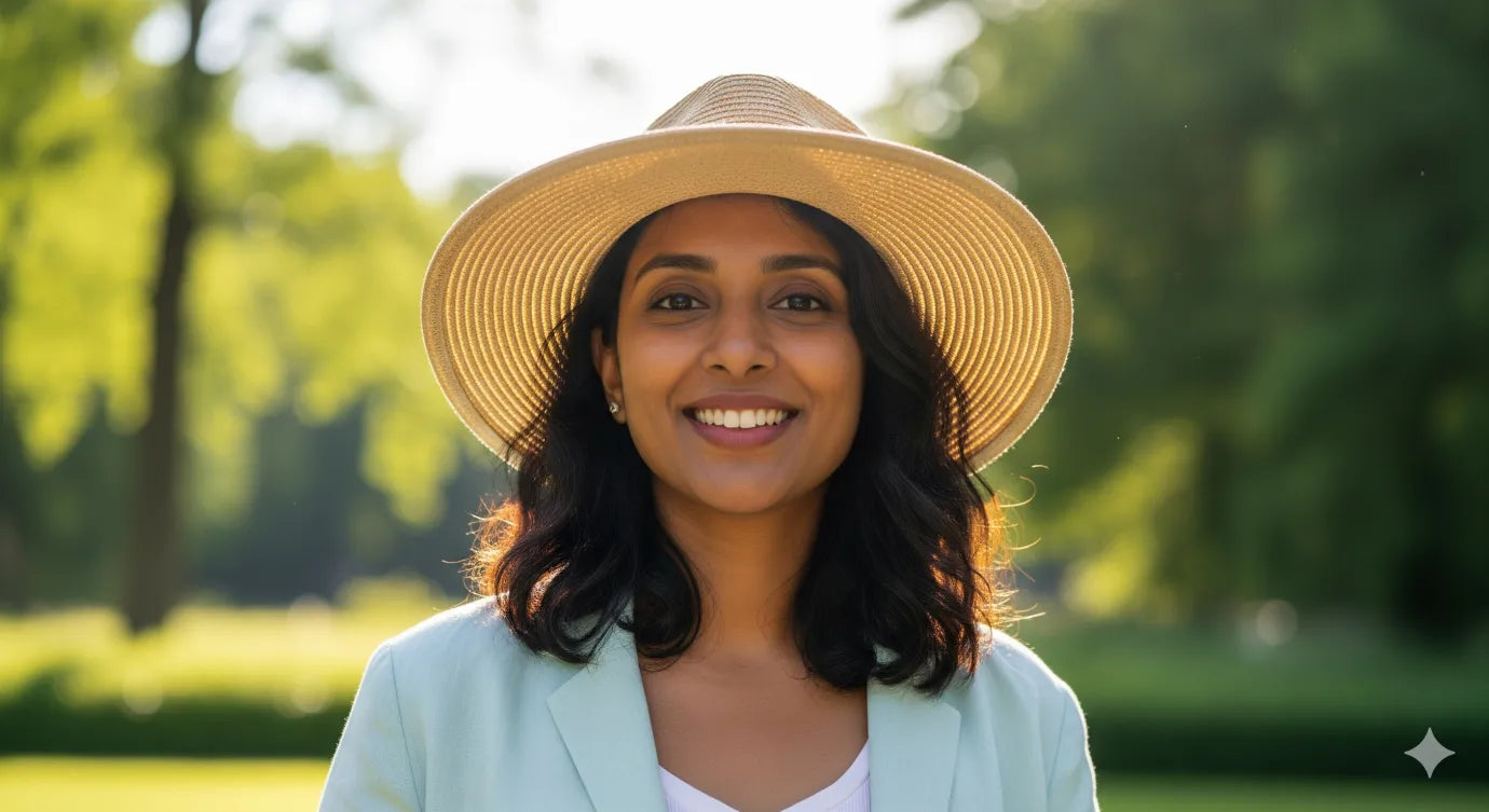 A woman protecting her skin from the Indian sun with a hat and sunproof jacket