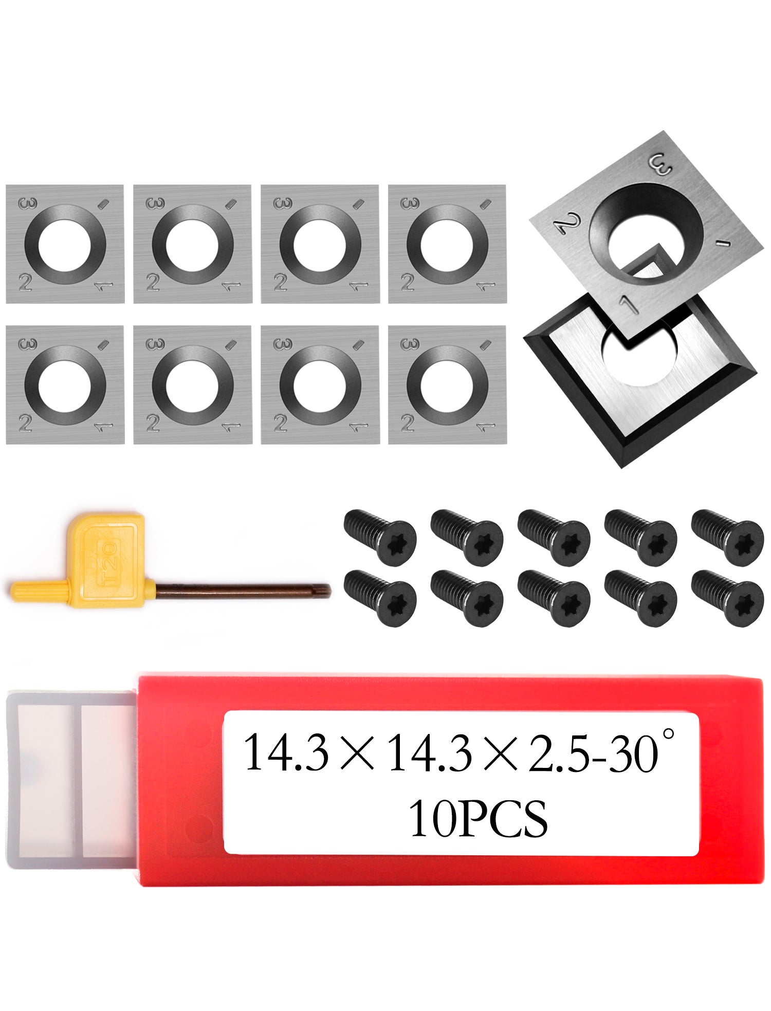 Woodworking Square Tungsten Carbide Inserts 14.3x14.3x2.5mm-30° 4-Edge Reversible Knives Replacement Cutters Indexable Blades for Helical Spiral Cutterheads