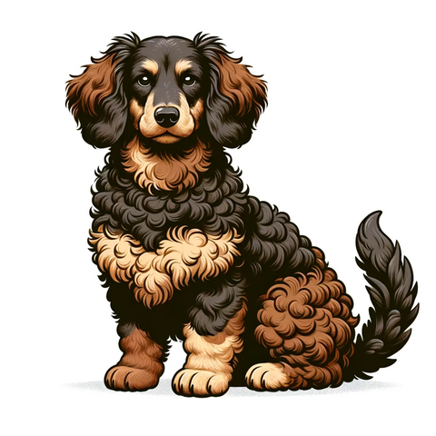 Alpine Dachsbracke and a Poodle. An illustration of the hybrid dog combining features of both breeds.