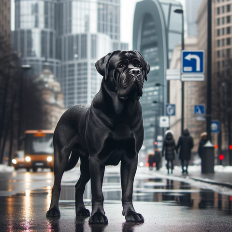 Photo of a Metro Mastiff dog, a fictional breed, standing majestically in an urban environment. The dog is large and muscular with a sleek black coat. It has a confident stance with its head held high, reflecting the hustle and bustle of the city around it.
