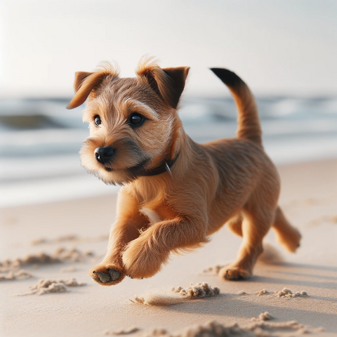 Photo of an Island Terrier, a dog breed originating from island regions. It has a short coat tailored for humid climates, showcasing shades of tan and brown. The dog is small in size, exuding agility and energy as it playfully darts across a sandy beach with the ocean waves gently rolling in the background.