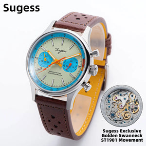 Sugess Pilot Watch of Mens Original ST1901 Movement Chronograph Mechanical Wristwatches Sapphire Crystal Waterproof Racing Strap - bertofonsi