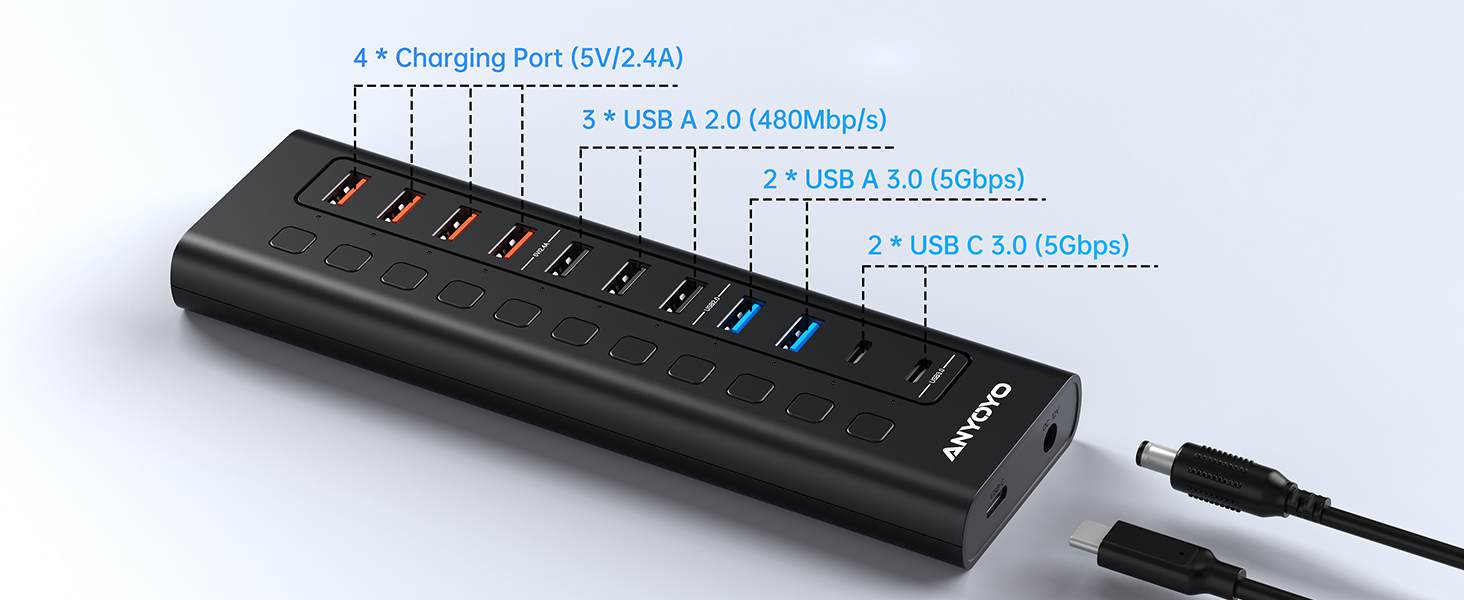 Anyoyo 11-Port 48W USB 3.0 Splitter Powered USB Hub