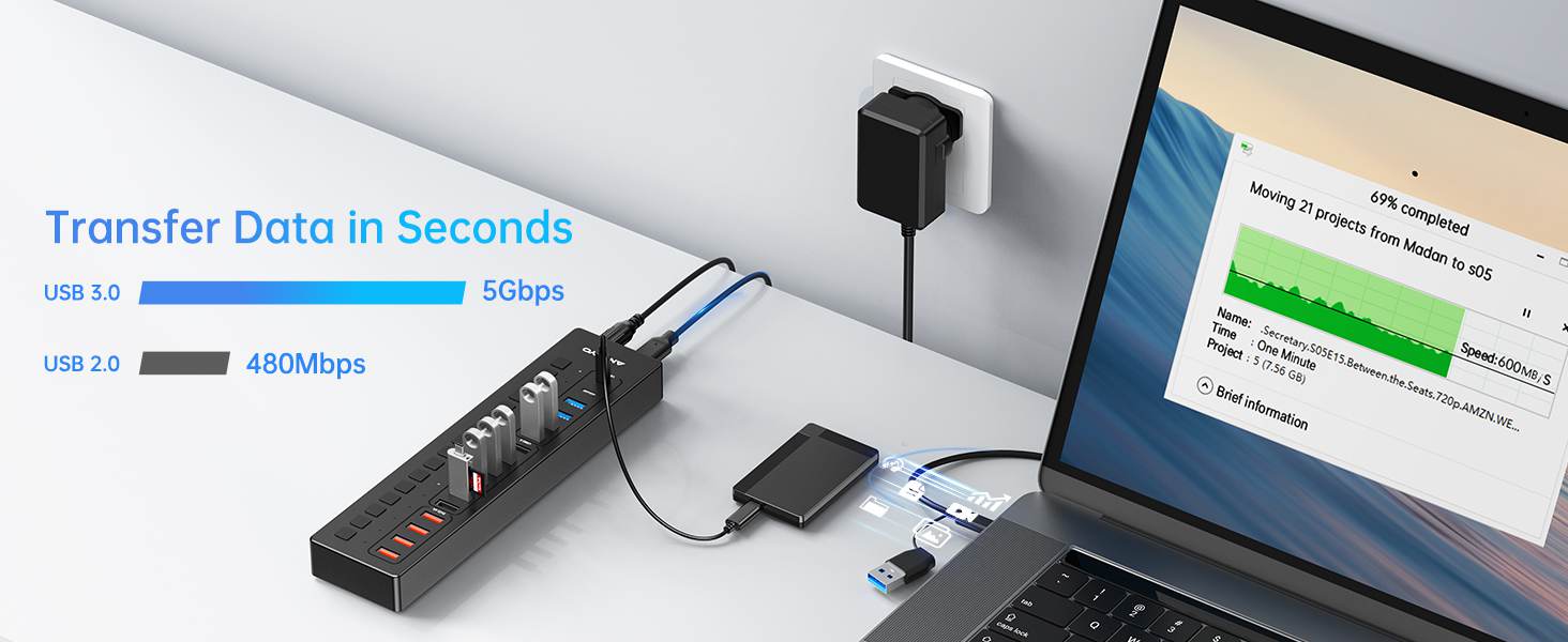 Anyoyo 16-Port 60W USB 3.0 Splitter Powered USB Hub