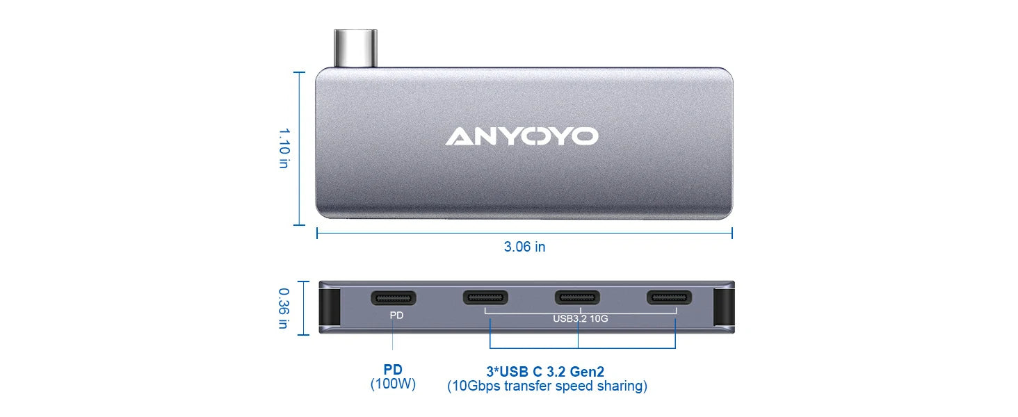 Anyoyo 4 Port USB-C Hub with 3 USB 3.2 Gen2 Ports