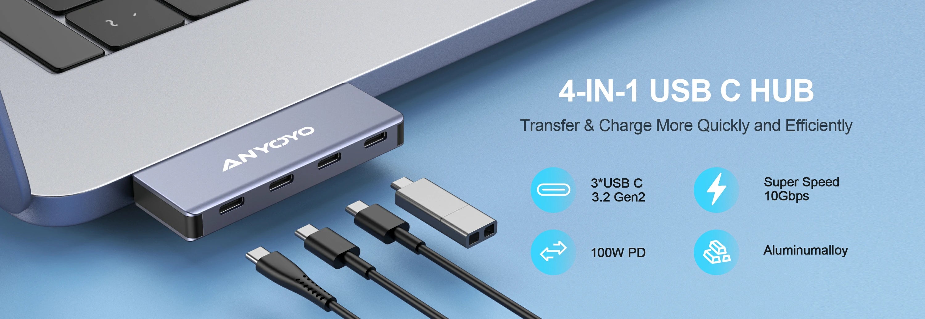 Anyoyo 4 Port USB-C Hub with 3 USB 3.2 Gen 2 Ports