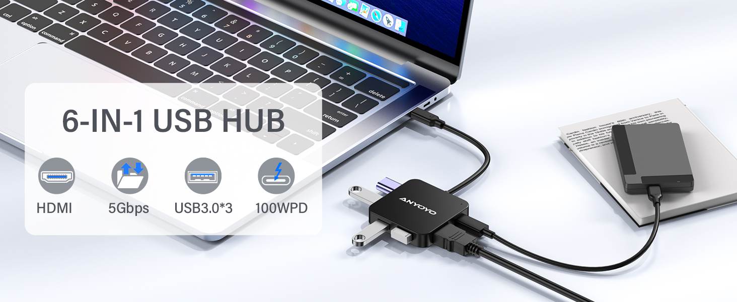 Anyoyo 6-in-1 USB C 3.0  Docking Station with 4K 30Hz HDMI and 100W PD