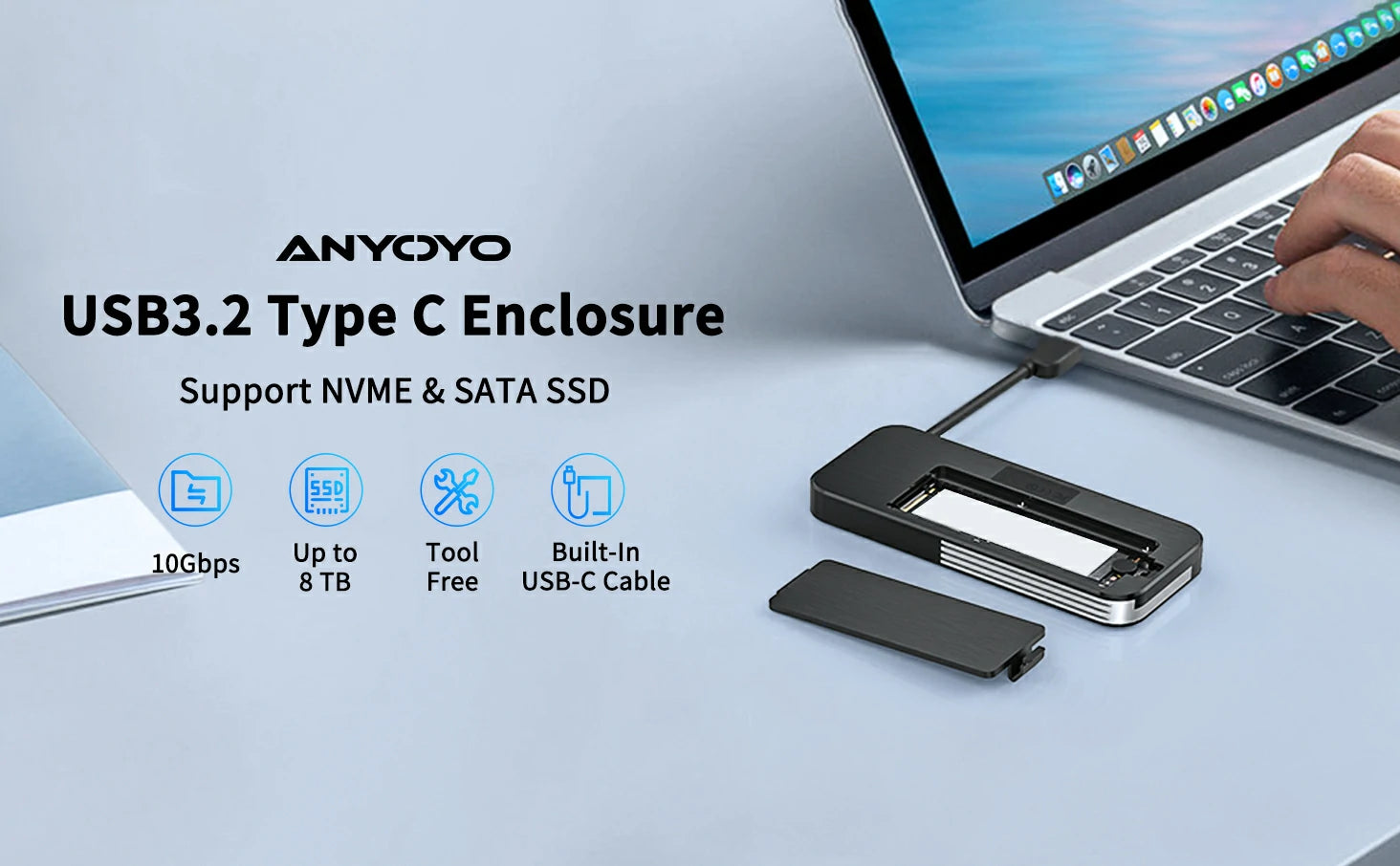 Anyoyo M.2 NVMe 10Gbps SSD Enclosure with Built-in Type-C Cable
