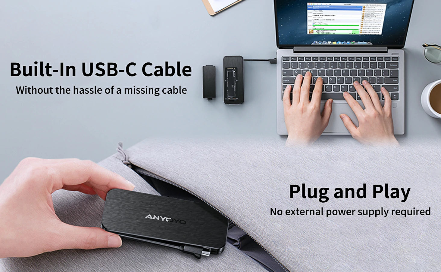 Anyoyo M.2 NVMe 10Gbps SSD Enclosure with Built-in Type-C Cable