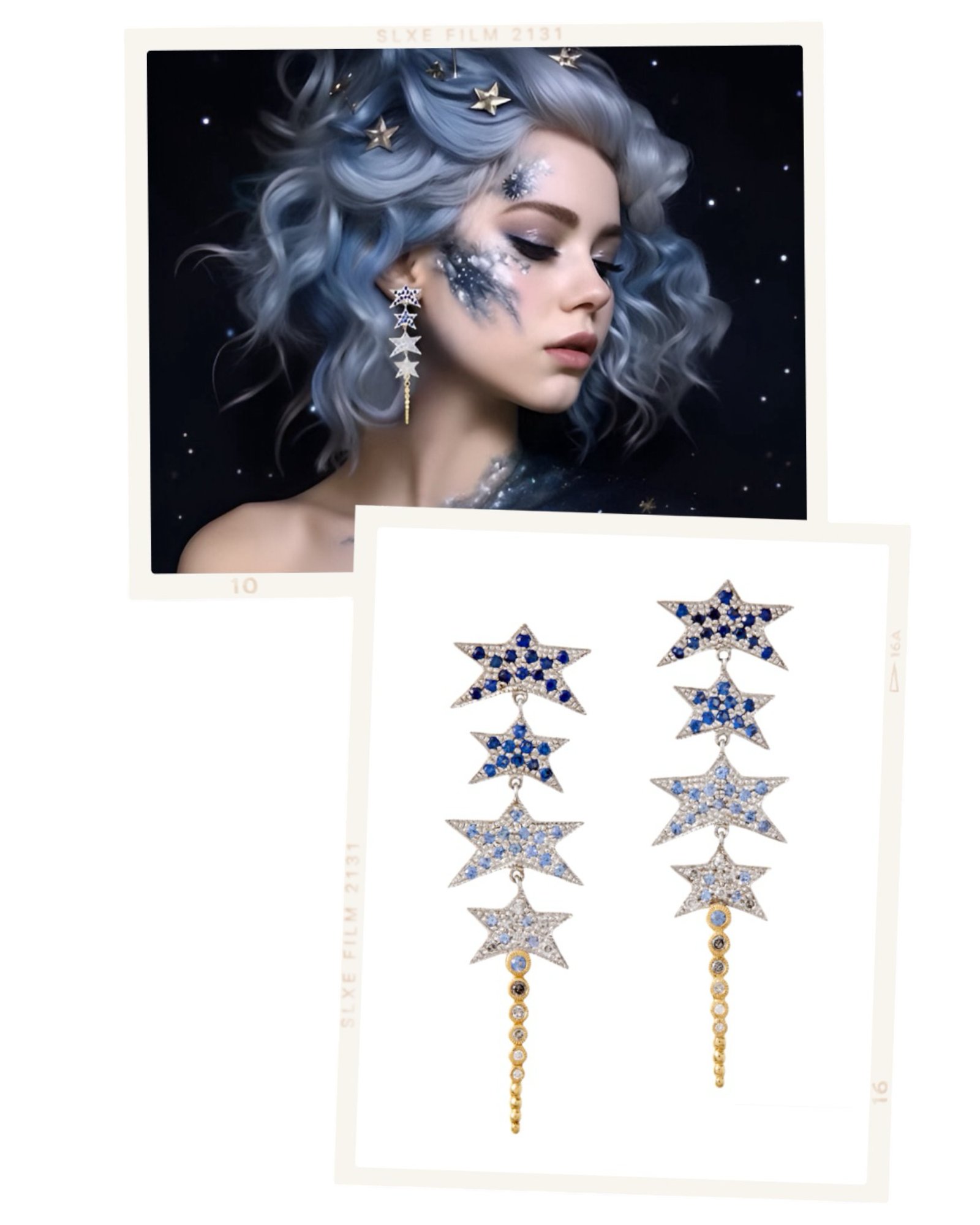 Unhada jewelry surreal dreamy woman wearing star earrings. Large star statement earrings in 18 karat yellow and white gold with sapphires and diamonds