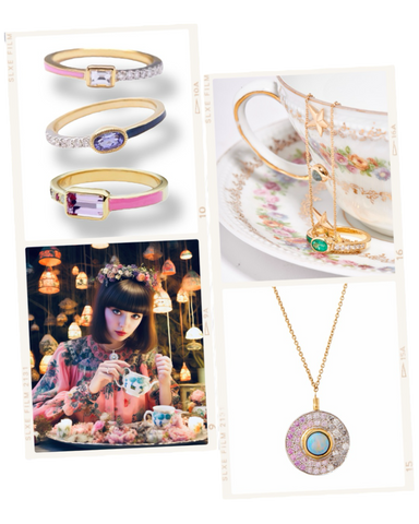 Unhada jewelry - Tea Party rings and 18 karat gold, sterling silver, enamel, diamonds, amethyst, sapphire. Mirror Pendant Necklace - 18 K yellow gold, ombre pink sapphires and diamonds, blue opal in the center on a delicate gold chain