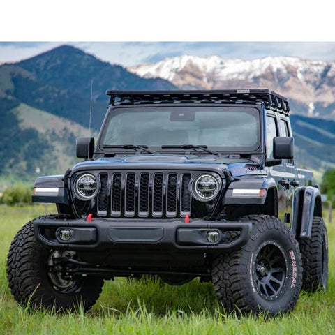 eezi-awn-k9-roof-rack-kit-front-view-on-jeep-gladiator-in-the-mountains