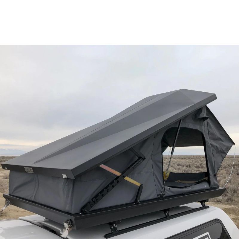 eezi-awn-stealth-hard-shell-roof-top-tent-open-front-corner-view-with-pitched-rainfly-on-toyota-tundra-in-desert