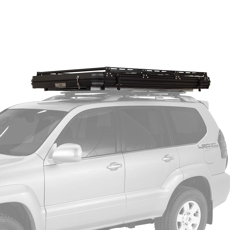 freespirit-recreation-odyssey-black-hard-shell-roof-top-tent-closed-front-corner-view-on-vehicle-with-roof-rack-system-on-white-background