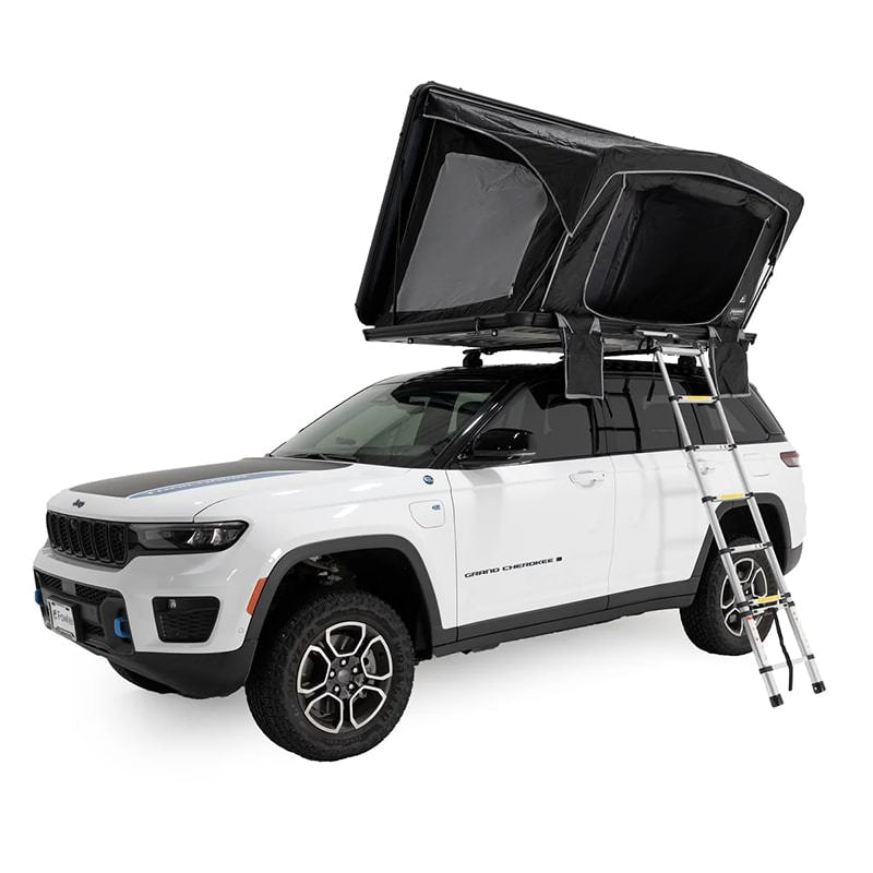 freespirit-recreation-odyssey-black-hard-shell-roof-top-tent-open-front-corner-view-on-jeep-grand-cherokee-with-mesh-window-on-white-background
