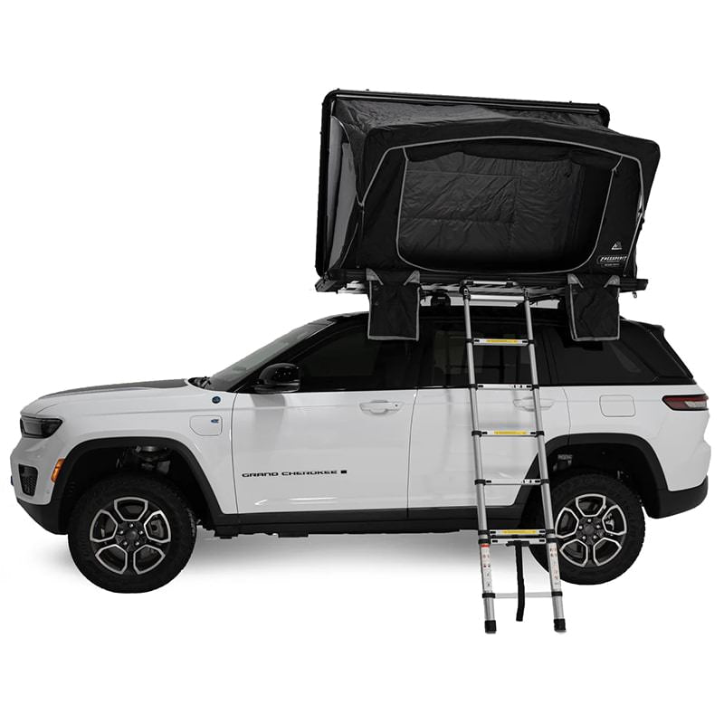 freespirit-recreation-odyssey-black-hard-shell-roof-top-tent-open-side-view-on-jeep-grand-cherokee-with-ladder-on-white-background
