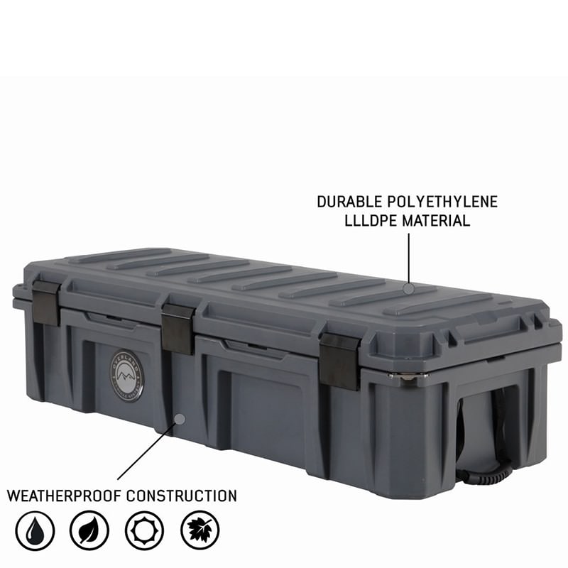 overland-vehicle-systems-117-qt-dry-cargo-box-with-drain-and-bottle-opener-corner-view-polyethylene-llldpe-material