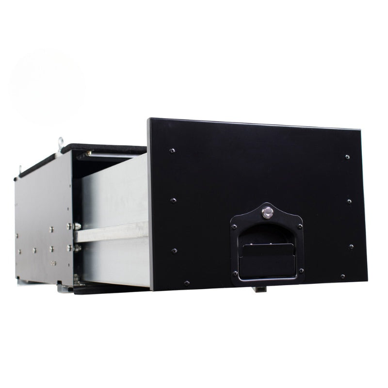 overland-vehicle-systems-cargo-box-and-cargo-box-with-working-station-black-close-up-view-opened-drawer-on-white-background