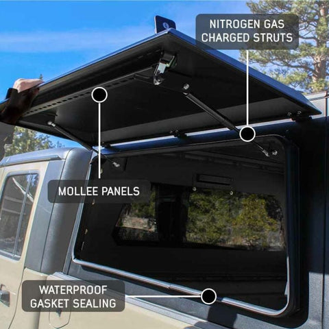 overland-vehicle-systems-expedition-truck-cap-for-jeep-gladiator-close-up-view-opened-doors-waterproof-sealing